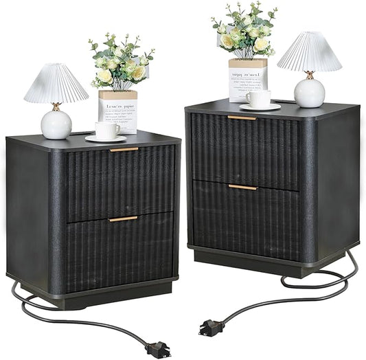 Fluted Nightstand Set of 2, Wood End Table with Charging Station, 23" Modern Night Stands with 2 Drawers, Black Bedside Table for Bedroom