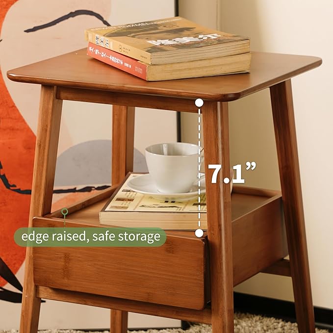 Fluted Nightstand with Drawer – Tall Solid Bamboo Bedside Table with Open Shelf, Modern End Table with Storage for Bedroom, Living Room, Office (Natural Wood)