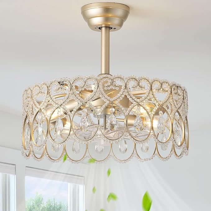 20" Gold Crystal Fandelier Ceiling Fans with Lights, Gold Chandelier Ceiling Fan with Light Remote Control, Mid-Century Modern Caged 6 Speeds for Bedroom, Nursery, Foyer, Living Room