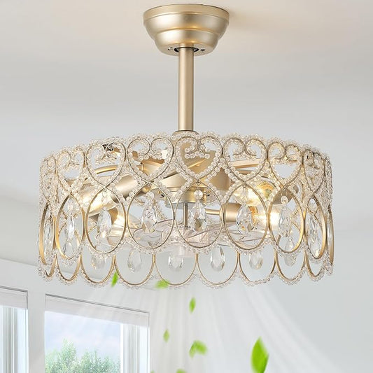 20" Gold Crystal Fandelier Ceiling Fans with Lights, Gold Chandelier Ceiling Fan with Light Remote Control, Mid-Century Modern Caged 6 Speeds for Bedroom, Nursery, Foyer, Living Room