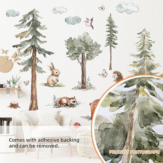 Large Forest Cute Animals Wall Decals - Woodland Pine Tree with Rabbits Birds Peel and Stick Wall Art for Kids Room Nursery Bedroom Living Room Decor