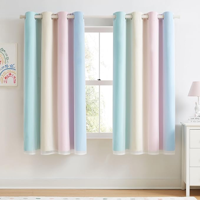 100% Blackout Curtains with Sheer Overlay Mix and Match Double Layer Drapes 63 Inch Length 2 Panels for Room Bedroom Ombre Rainbow Grommet Window Treatment with Tiebacks