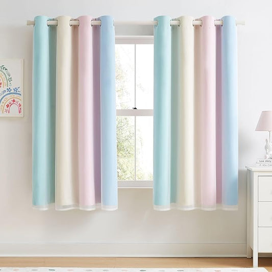100% Blackout Curtains with Sheer Overlay Mix and Match Double Layer Drapes 63 Inch Length 2 Panels for Room Bedroom Ombre Rainbow Grommet Window Treatment with Tiebacks