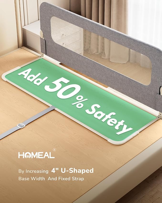 HOMEAL Toddler Bed Rails - 47"x24" Foldable Baby Bed Rail Guard with U-Shape Base - Kids Guard for for Twin, Full, Queen, King Beds - Breathable Bed Rail for Baby, Grey, 1 Pack