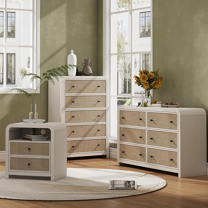 Oak&Sparrow 2 Drawer Tall Dresser for Bedroom, 23.6'' Rattan Dresser with Ample Storage, Boho Chest of Drawers, Thickened Curved Profile Design, Oak Dressers for Bedroom, Living Room