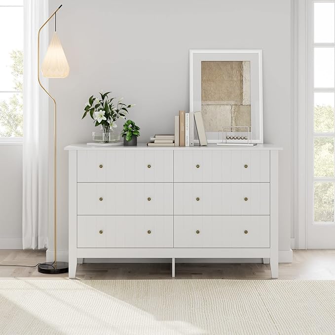 FOTOSOK White Dresser, Chest of Drawers, Modern 6 Drawer Double Dressers with Deep Drawers, Nursery Dresser for Baby, Wide Storage Organizer Cabinet for Living Room, Hallway,White