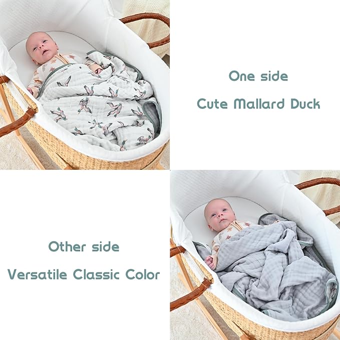 LollyBanks Muslin Baby Blanket 100% Organic Cotton, Muslin Quilt Lightweight, Toddler Blanket for Boys and Girls, 6 Layers Baby Blankets 47"x 47", Soft Nursery Receiving Blankets (Duck Print)