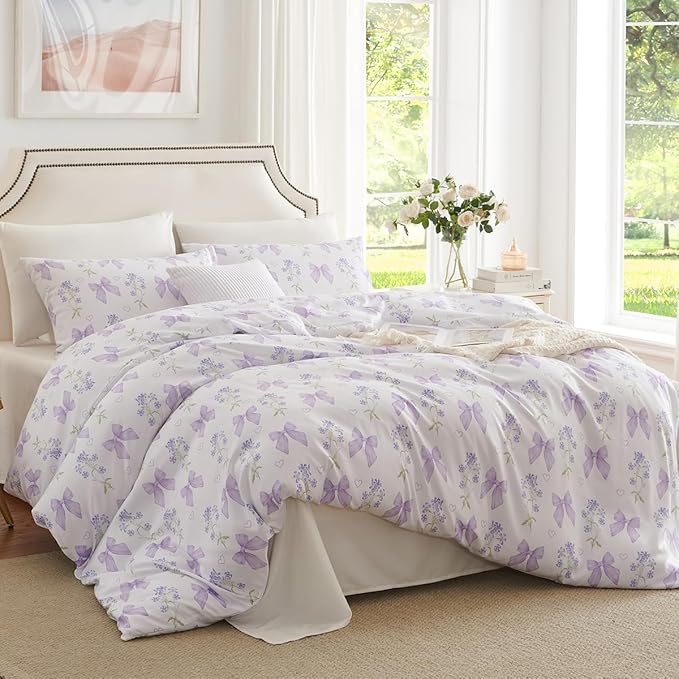 Purple Bow Duvet Cover Full 3Pcs Girls Floral Duvet Cover Set, Cute Romantic Princess Style Bowknot Bedding Set Soft Microfiber Garden Flower Bedding with 2 Pillowcases(No Comforter)