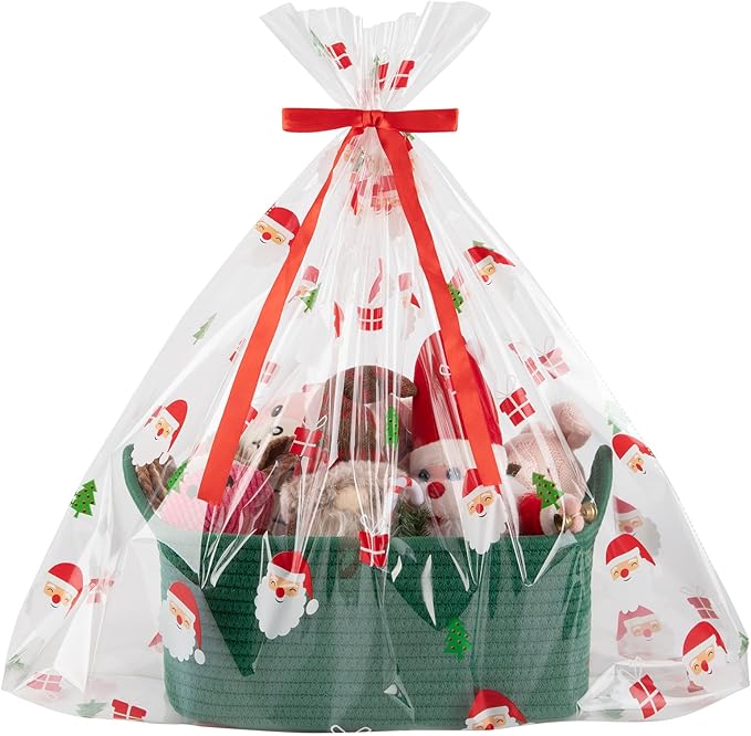 OIAHOMY Woven Basket, Gift Basket Empty with Gift Bags and Ribbons, Rope Baskets for Baby Showers, Storage Baskets with Handles for Nursery, Pet Toy Organizer - Christmas Green