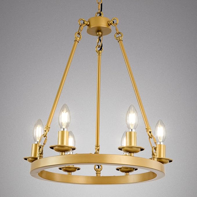 Wagon Wheel Chandelier, 6-Light Gold Round Modern Farmhouse Chandelier with Adjustable Height Hanging Island Light Fixture for High Ceiling Dining Room, Kitchen, Living Room, Entryways, Foyer