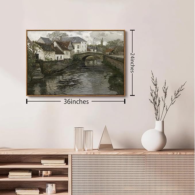 OIQArtOIQ Vintage Landscape Canvas Wall Art Framed Natural Scenery Painting Artwork Prints France Country Wilderness Farmhouse Decor Pictures Kitchen Bedroom Living Room Bathroom