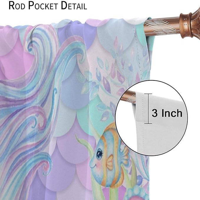 Fantasy Mermaid Curtain Dream Cartoon Marine Organisms Turtle Coral Ocean Theme Dream Blackout Window Treatment for Kids Girls Bedroom Nursery Room Decor Rod Pocket Window Drapes 42x63in