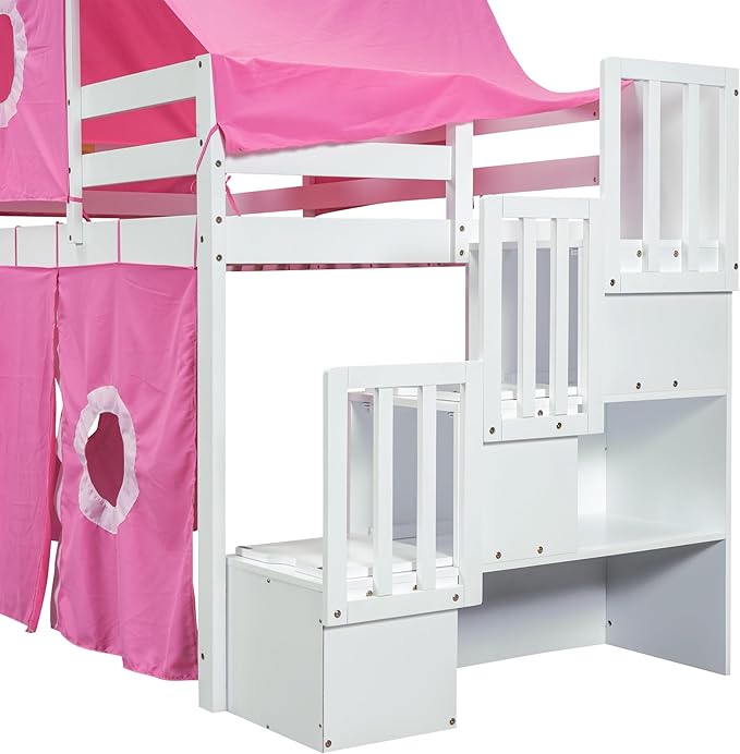 Playhouse Twin Size Low Loft Bed with Slide & Tent and Tower, Solid Wood Tent Bed Frame with Storage Staircase for Kids Teens Boys Girls, Versatile Spacious Under Bed Space with Curtains (Pink-TST)