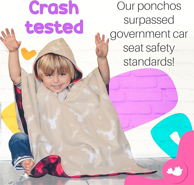 Birdy Boutique Car Seat Poncho for Kids – Reversible Warm Blanket with Hoodie – Safe to Use Over Seat Belts – Easy On, Easy Off, and Doesn’t Impact Seat Performance - Deer and Buffalo Plaid – One Size