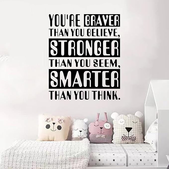 Kids Quotes Wall Decals for Nursery: Baby Inspirational Positive Moon Stars Vinyl Art Wall Stickers - Bedroom Playroom School Wall Decor - You're Braver Than You Believe Stronger 20" X 24"