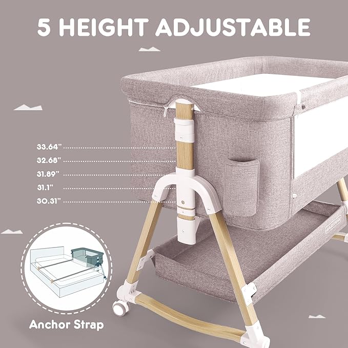 HARPPA Cuddly Bassinet, 3 in 1 Baby Bassinet, Rocking Bedside Bassinet with Wheels, 5 Height Adjustable, Includes Mosquito Net, Mattress, Anchor Strap