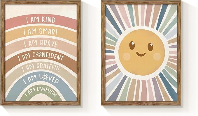 Dytila 2 Piece Framed Boho Rainbow Kids Room Wall Art, Positive Affirmations Playroom Wall Decor, Sun Smiley Face Nursery Painting Canvas Prints for Classroom Toddler Room Decor 12x16 Inch