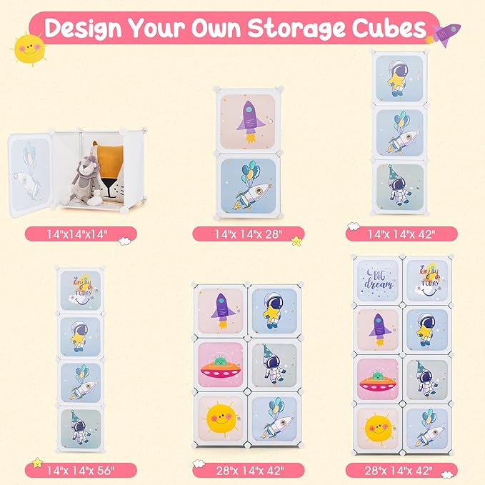 INFANS Children Wardrobe, Kid Closet Portable Baby Dresser Cute for Kids Bedroom Nursery Armoire with Doors 12 Cube 2 Hanging Sections, Kid Clothes Storage Organizer (White, 8 Cubes)