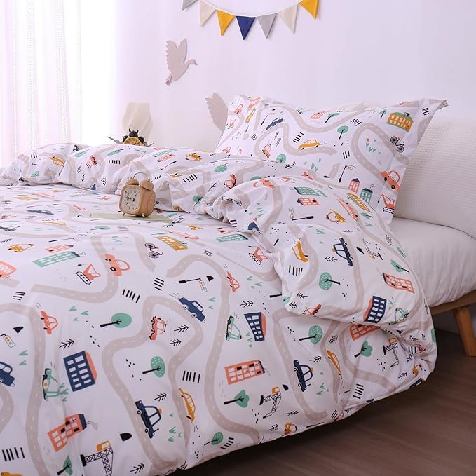 JSD Cars Kids Duvet Cover Set Full Size, 3 Piece Soft Printed Microfiber Comforter Cover with Pillow Sham Zipper Closure, Comforter Not Included