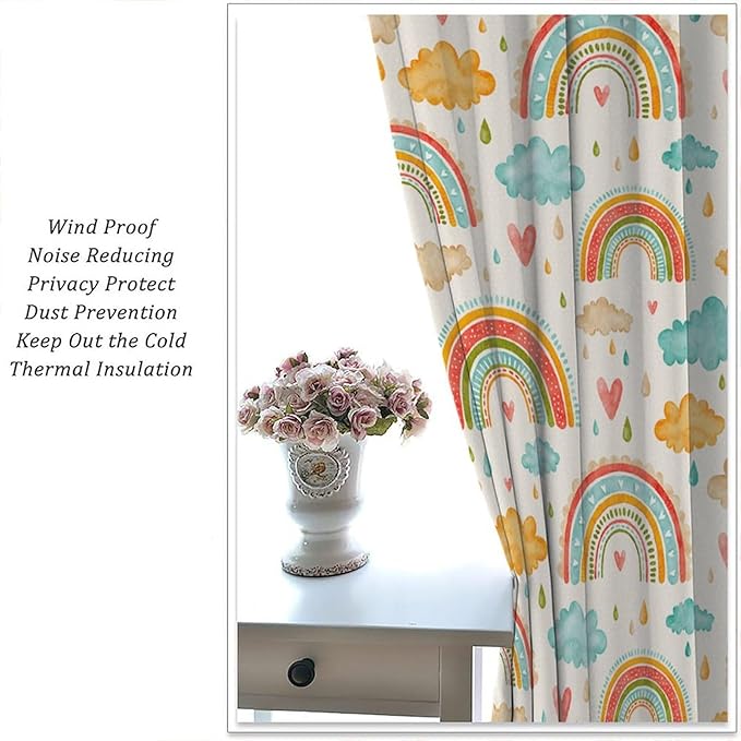 Boho Rainbow Curtains for Kids Nursery Colorful Floral Sun Star Clouds Pastel Bohemian Pattern Print Window Drapes for Girl Bedroom Living Room Kitchen Decor,2 Panel Set,42Wx45H Inch Blackout