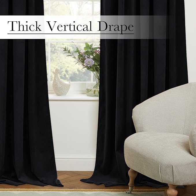 StangH Velvet Curtains 120 inches Long - Luxury Black Blackout Bedroom Curtains Super Soft Thick Thermal Insulated Drapes for Theater/Backdrop/Church/Stage, Back Tab, W52 x L120, 2 Panels