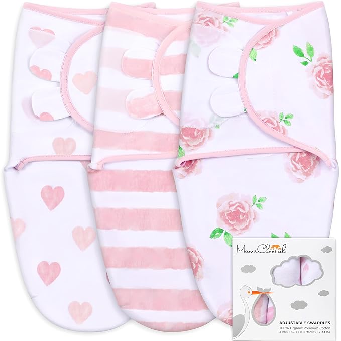 Mama Cheetah Baby Swaddle Sack 3-6 Month, Organic Cotton Swaddling Sleep Sack, Swaddle for Large Babies, Large Swaddle Wrap, Easy Swaddles for Girl, 3-Pack