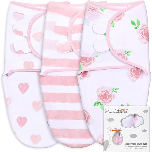 Mama Cheetah Preemie Swaddle Sack, Organic Swaddling Sleep Sacks for Preemies, Swaddle Blanket Wrap, Easy Swaddles for Premature Baby Girl 4-7 lbs, Newborn Essentials, 3-Pack, Cotton, Love You