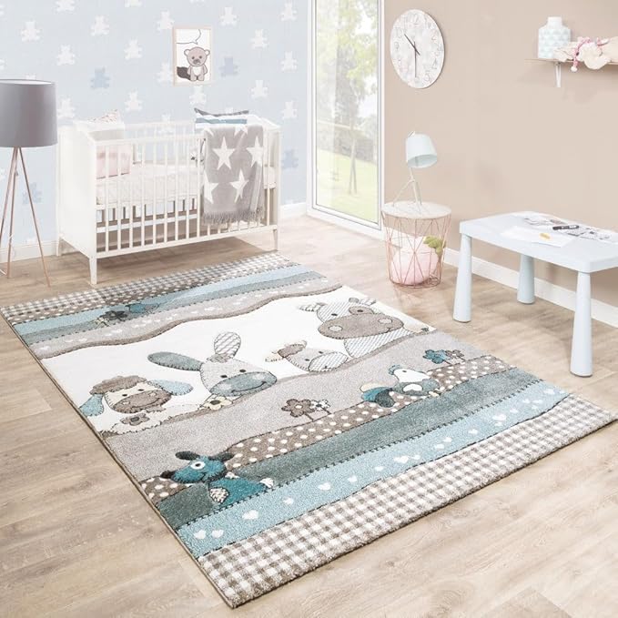 Paco Home Kids Rug Cute Farm Animals in Cream Beige Blue, Size: 4'4" Square