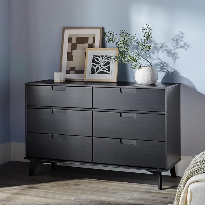 Walker Edison Sloane 6-Drawer Groove Handle Solid Pine Wood Dresser, 52 Inch, Black