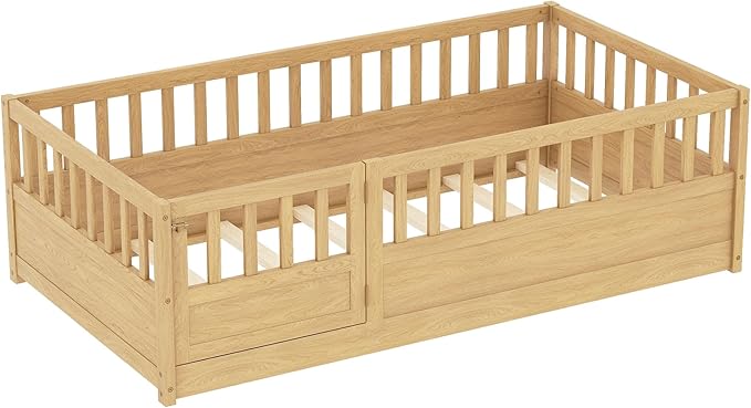 Bellemave Twin Floor Bed with Slats and High Fence, Twin Size Montessori Floor Beds with Door, No Box Spring Needed, Easy Assemble Montessori Bed Frame(Natural Twin)