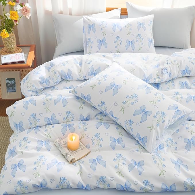 Blue Bow Duvet Cover Full 3Pcs Girls Floral Duvet Cover Set, Cute Romantic Princess Style Bowknot Bedding Set Soft Microfiber Garden Flower Bedding with 2 Pillowcases(No Comforter)