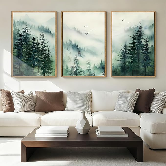 Anyzal Large Foggy Forest Wall Art Decor Framed Abstract Misty Mountain Artwork Prints for Living Room Bedroom Office 16x24 Inch Set of 3