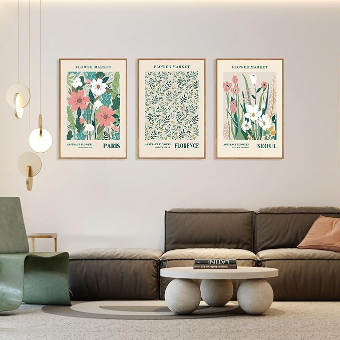 HLNIUC Flower Market Wall Art Prints, Boho Floral Wall Decor, Large Matisse Sage Green 24"x36" Framed Art Set of 3, Abstract Colorful Botanical Painting for Living Room, Bedroom, Office