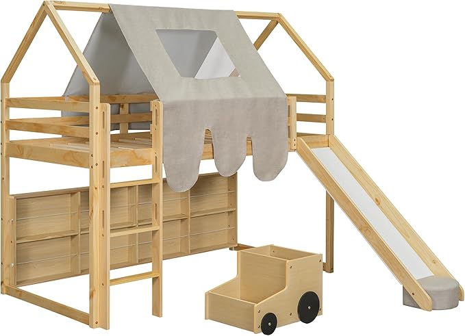 Playhouse Design Twin Size Wood Loft Bed with Slide and Tent, Low Loft House Bed Frame with Storage Shelves and Removable Car-shaped Staircase for Kids Teens Boys Girls Bedroom (Natural+Beige)
