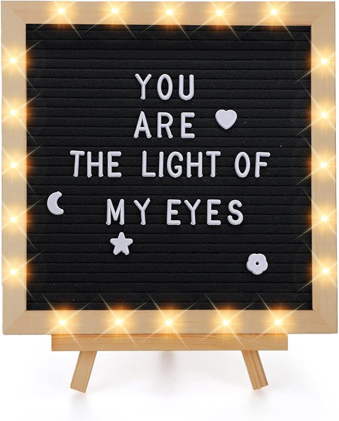 Changeable Felt Letter Board with LED Lights - 10×10" Message Custom Signs & Wood Stand & 450 Letters, Poster Board for Christmas/Pregnancy/Baby Announcement/Classroom Wall Decor Gifts, Black