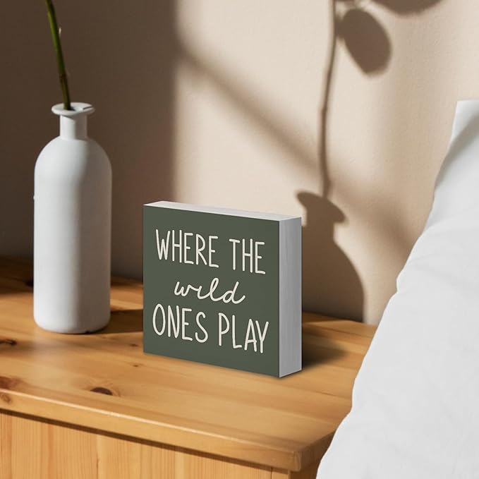 Where The Wild Ones Play Green Wood Box Sign Desk Decor 5X5, Nursery Kids Room Wooden Block Sign Decorations for Playroom Toddler Boys Girls Room Wall Tabletop Shelf Decor