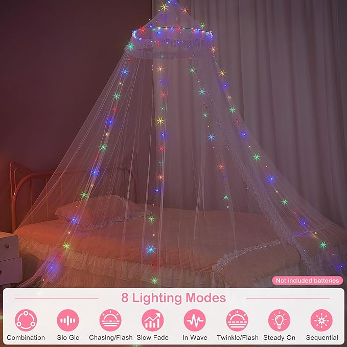 Beinou Bed Canopy for Girls with Timer Remote Canopy Bed with Lights Breathable Net Canopy for Bed Kids Girls Room Decor,White