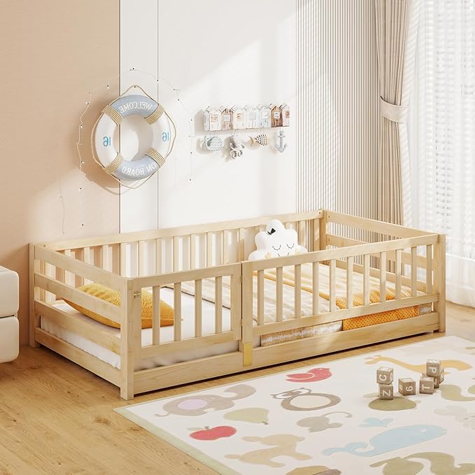 KOMFOTT Twin Size Wood Floor Bed with Door & 21.5” Fence, Montessori Bed Frame with Full Length Safety Guardrails, Door & Latch, Wooden Montessori Floor Bed for Kids, Girls, Boys