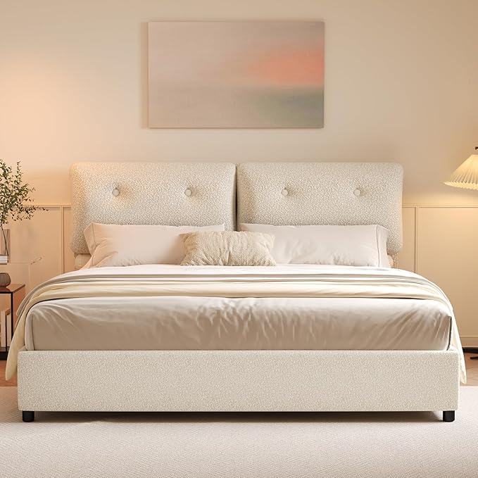 King Bed Frame and Headboard, Upholstered Boucle Bed King with Soft Headboard, Wooden Slats Support, No Box Spring Needed, Easy Assembly, Cloud Bed Frame, Beige