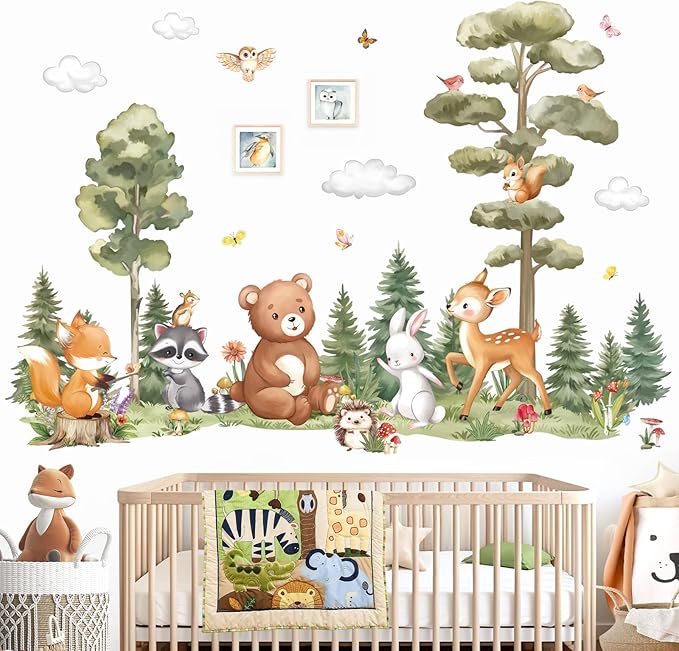 decalmile Large Woodland Animals Pine Tree Wall Decals Forest Animals Bear Deer Fox Wall Stickers Living Room Baby Nursery Kids Room Wall Decor(XL)