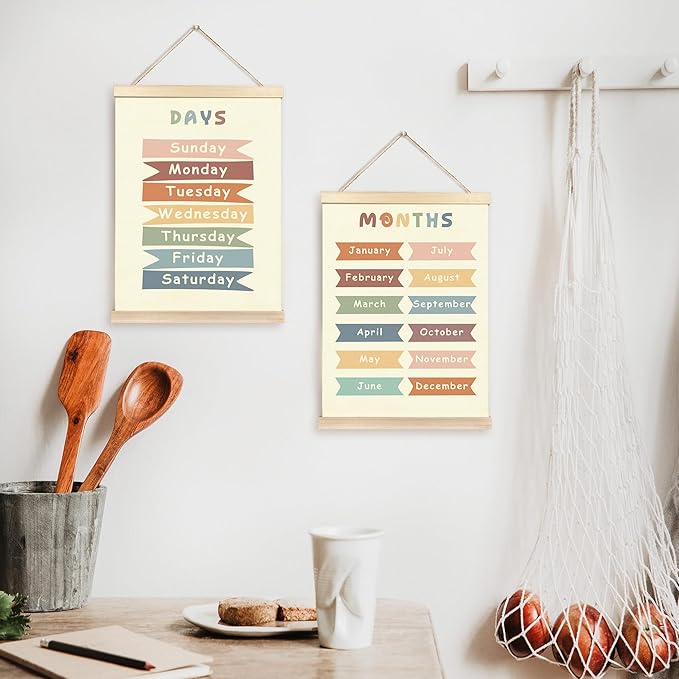 CGBHW Boho Educational Poster Hanger Frame Set of 2, Days of the Week Months of Year Learning Posters Wall Art Hanging Decor for Classroom Nursery Kids Room Playroom Preschool，12x16Inch