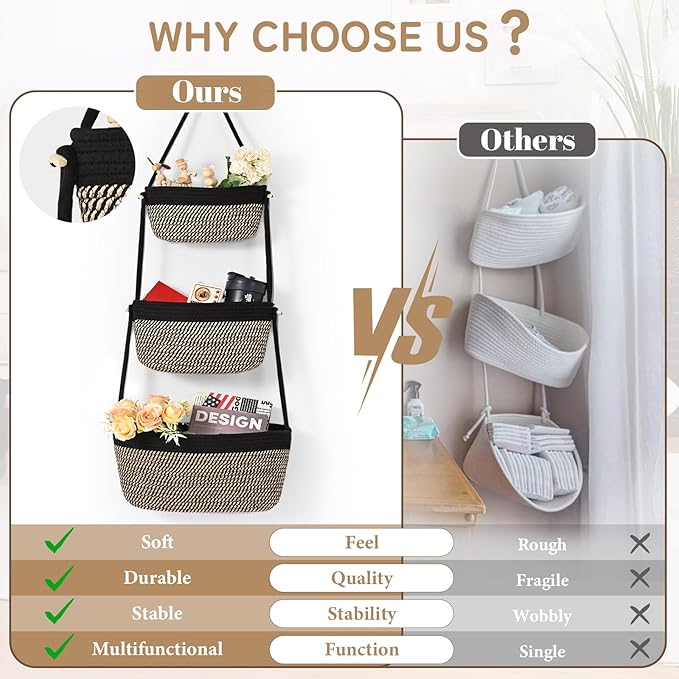 Hanging Storage Baskets, 3-Tier Over the Door Basket, Cotton Wall Baskets Storage, Detachable Hanging Door Basket with 4 Hooks, Over the Door Organizer Nursery for Bedroom, Living Room, Bathroom Wall