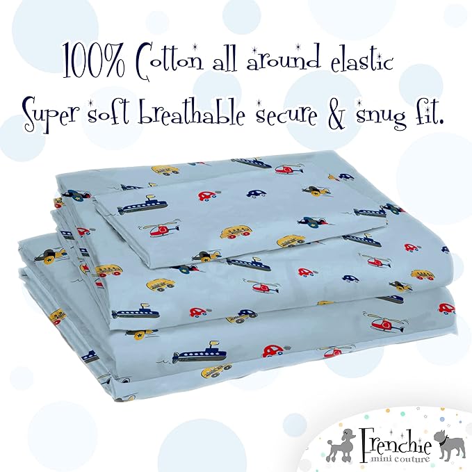 Frenchie Mini Couture, 2-Piece Kids Twin Sheets Set, 100% Woven Cotton, Deep Pocket Bed Sheet 39 x 75 x 15in + Pillowcase 20 x 30, Cars, Boats, & Planes