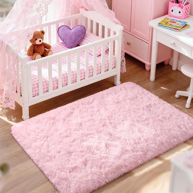 Merelax Soft Modern Indoor Shaggy Area Rug for Bedroom Livingroom Dorm Kids Room Home Decorative, Non-Slip Plush Fluffy Furry Fur Rugs Comfy Nursery Accent Floor Carpet 3x5 Feet, Pink