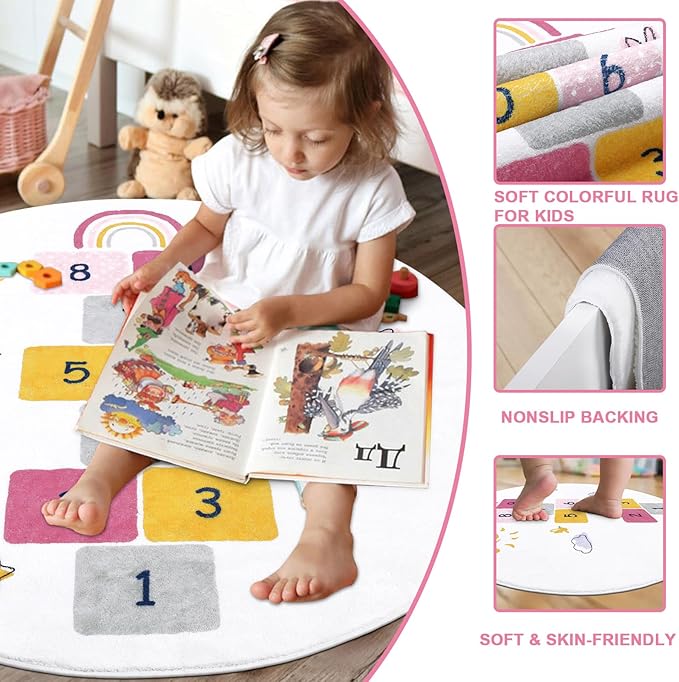 HiiARug Hopscotch Kids Rug Round 5Ft Fun and Educational Playroom Rug Soft Durable Rainbow Floor Carpet Kid’s Play Mat for Bedroom, Playroom, Nursery, Gift for Girls & Boys(Colorful)