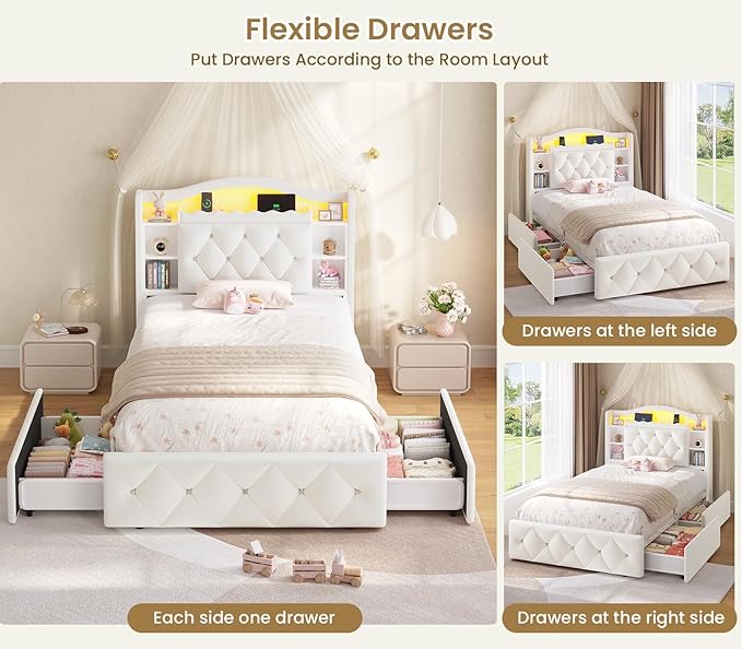 DICTAC Twin Size Bed Frame for Kids with Storage Drawers, Bookcase Headboard, LED Lights and Power Outlets, Diamond Tufted Velvet Upholstered Princess Platform Bed, Heavy-Duty Metal Support, Beige