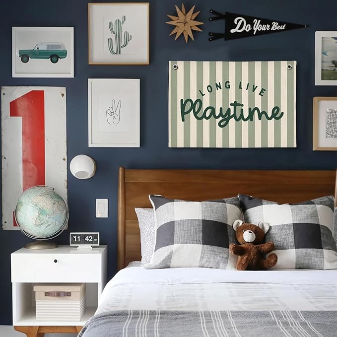 Playroom Decor, Long Live Playtime Wall Hanging Linen Banner, Blue Striped Wall Flag for Kids Room Nursery Playroom Decor, 20x30 Inch-Green