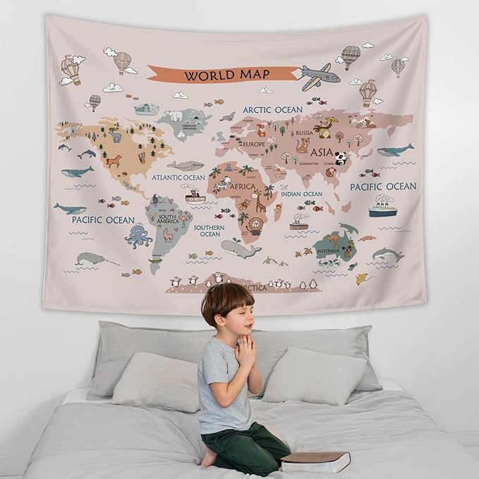LIANGW Kids World Map Tapestry, Animal Continents Educational Geography Wall Hanging, Wildlife Learning Wall Blanket for Nursery, Classroom, Toddler Bedroom, Playroom Decor 50x60 Inch