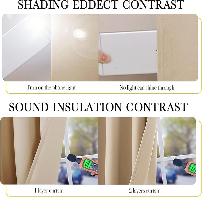 NICETOWN Bedroom Full Blackout Curtain Panels, Super Thick Insulated Window Covers, Complete Blackout Draperies with Liner for Short Window(Warm Beige, Set of 2 PCs, 52 by 63-inch)