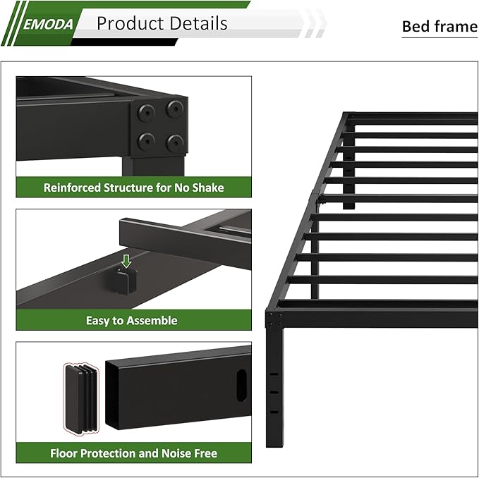 EMODA 14 Inch Full Size Bed Frame Heavy Duty Metal Platform No Box Spring Needed, Easy Assembly Noise Free, Black